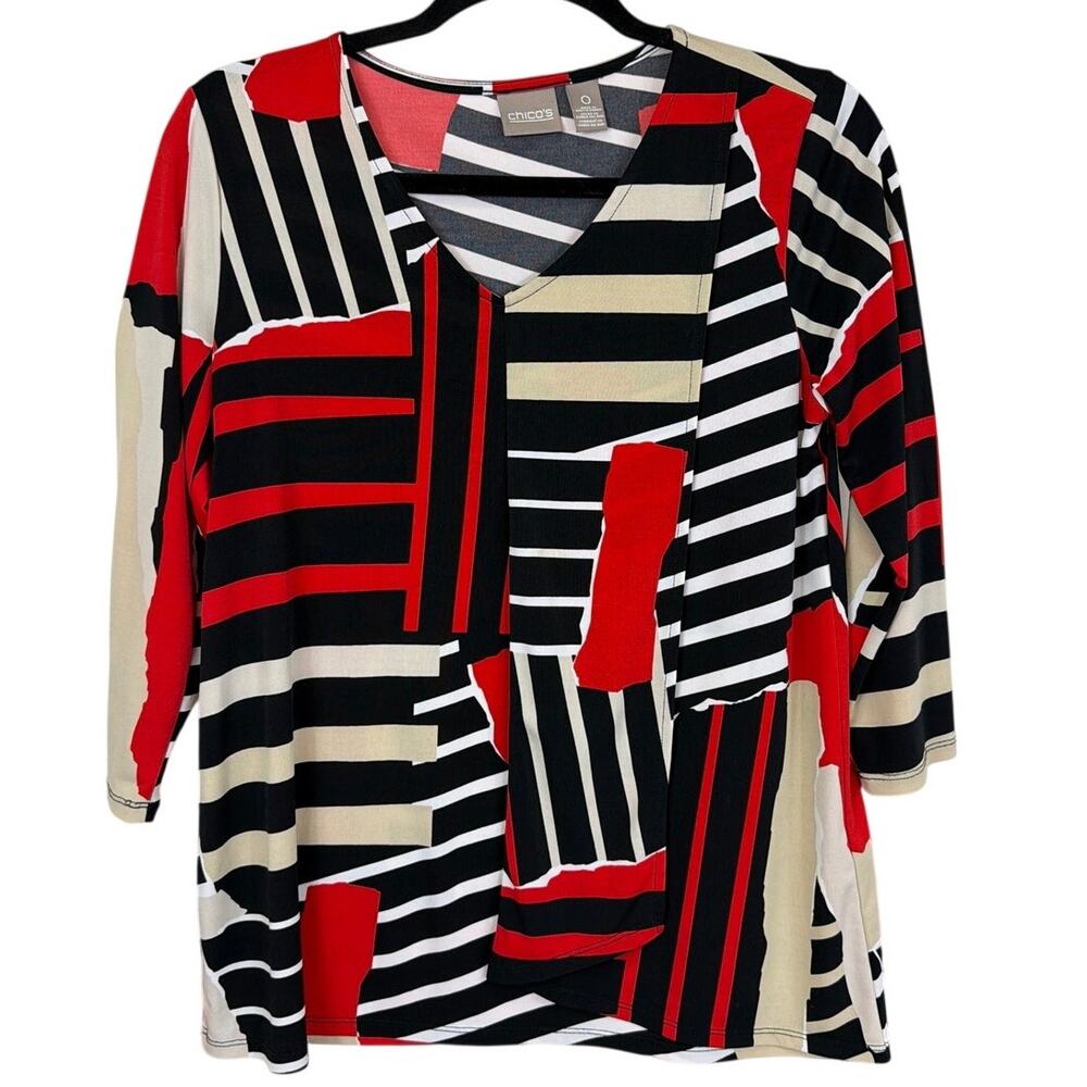 Chico's Black and Red Striped V-Neck 3/4 Sleeve Top Small